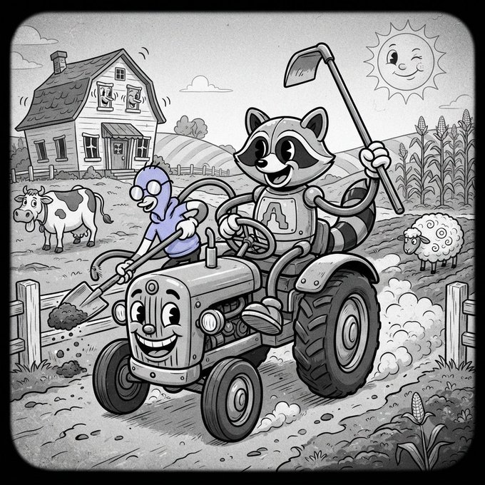 A black-and-white cartoon-style coloring book illustration of a raccoon driving a smiling tractor with a chicken, alongside a cow, sheep, and farmhouse under a smiling sun.