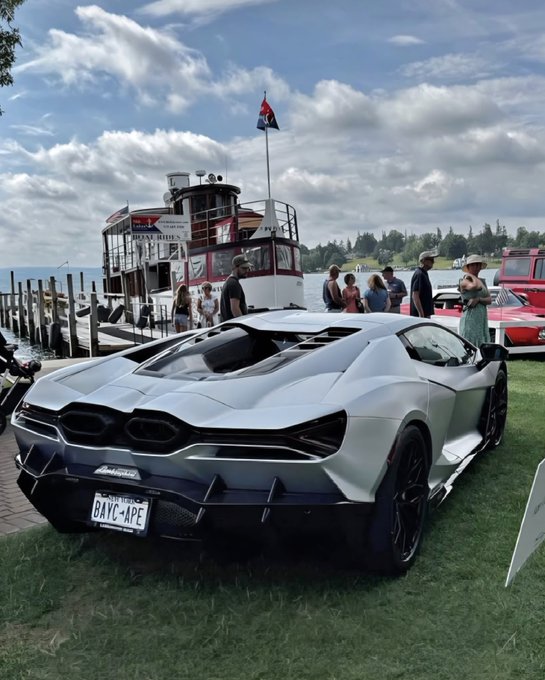A silver McLaren-style supercar with British Columbia license plate 'BAYCAPE' parked on grass near a dock with boats and people, under a cloudy sky.