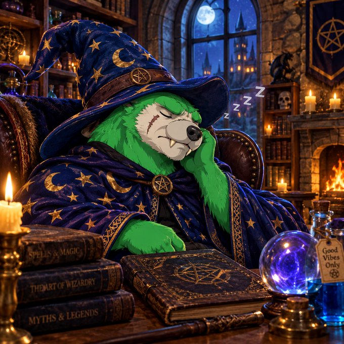 An illustration shows a green bear dressed as a wizard, sleeping in a chair with 'Z's above its head, surrounded by spell books labeled 'SPELLS & MAGIC', 'THE ART OF WIZARDRY', and 'MYTHS & LEGENDS'.