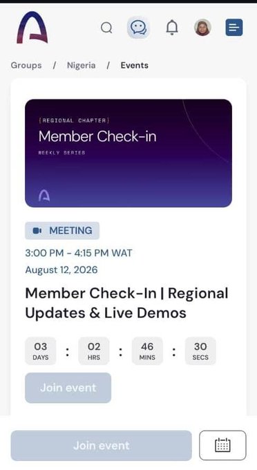 A mobile app screenshot for an event titled "Member Check-In | Regional Updates & Live Demos," scheduled for August 12, 2026, from 3:00 PM to 4:15 PM WAT.