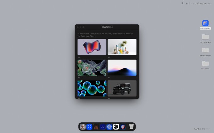 A minimalist desktop interface showing a "WALLPAPERS" widget displaying various image thumbnails, with folders labeled "WALLPAPERS", "EXPERIMENTS", "PHOTOGRAPHY", and "PROJECTS" on the right side, and a dock at the bottom.