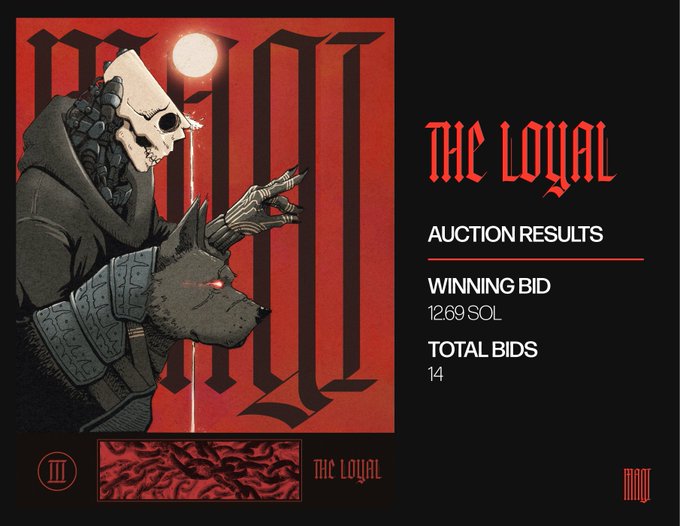 An auction results page for "THE LOYAL" NFT series showing a winning bid of 12.69 SOL with a total of 14 bids. The artwork features a dark, gothic illustration of a skeletal figure in a hooded cloak alongside a snarling wolf with glowing red eyes, set against a red background with gothic lettering.