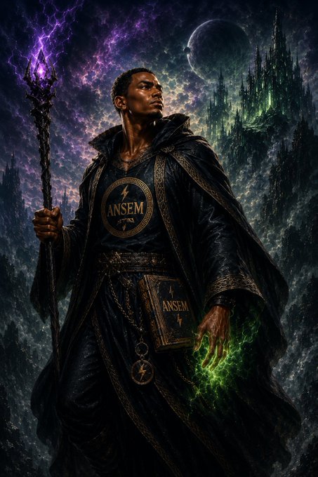 A fantasy illustration depicts a dark-robed figure holding a staff crackling with purple lightning and a glowing green orb, with the word 'ANSEM' visible on his robe, set against a dramatic castle and moonlit sky.