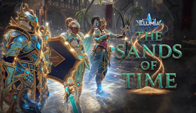 Promotional artwork for the video game 'Legends of Elumia' featuring the text 'THE SANDS OF TIME' alongside elaborately armored fantasy characters.