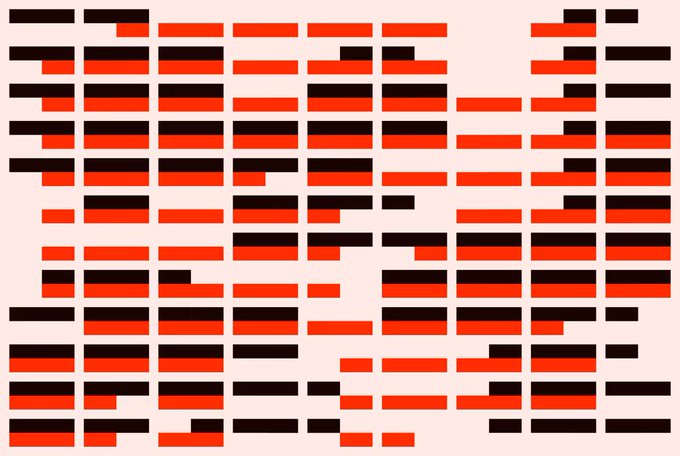 An abstract pattern composed of horizontal dark brown and red rectangular blocks arranged in a grid-like, pixelated formation on a light cream background.