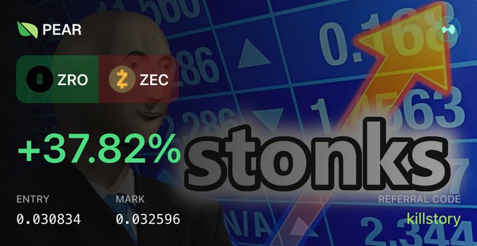 A crypto trading advertisement for 'PEAR' showing a +37.82% gain labeled 'stonks' with the 'stonks' meme character in the background; entry price 0.030834, mark price 0.032596, referral code 'killstory'.