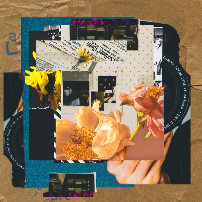 A digital collage featuring a Canon camera lens, vintage newspaper clippings, and yellow and pink flowers on a brown paper background.