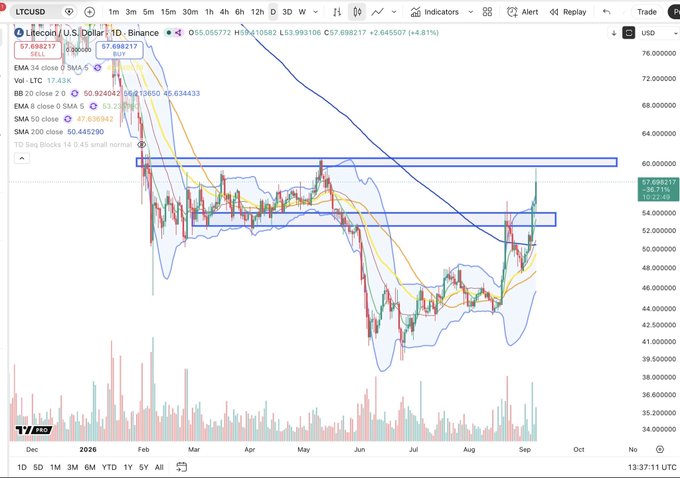 A TradingView daily candlestick chart for Litecoin (LTC/USD) on Binance, with the current level marked at 57.698217 (+4.81%), showing a breakout above a key horizontal resistance zone near $57–58 that aligns with the post's note about a support reclaim on the daily timeframe.