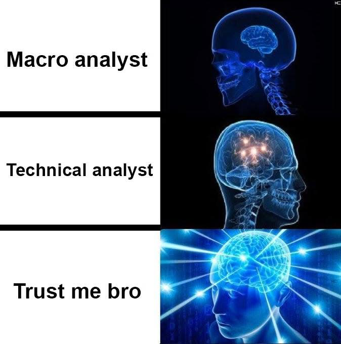 A meme contrasting three types of traders with brain images: 'Macro analyst' (regular brain), 'Technical analyst' (brain with active spots), and 'Trust me bro' (brain glowing with energy beams).