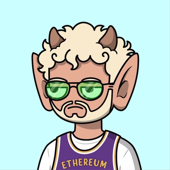 A cartoon character with curly blonde hair, pointed faun-like ears, and green-tinted sunglasses wears a purple jersey labeled "ETHEREUM." The image ties into the post by visually branding the giveaway as an Ethereum-based NFT mint, aligning with the crypto/Web3 aesthetic of the promotion.