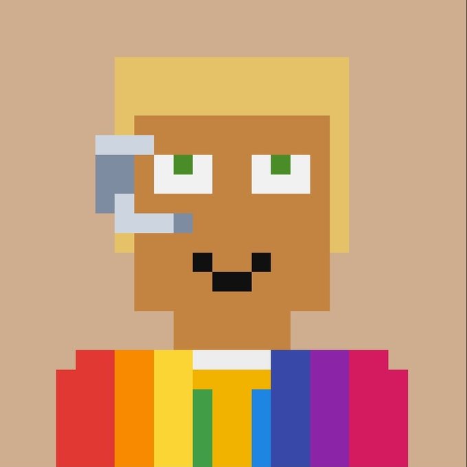 A pixel art portrait of a blonde character with green eyes wearing a multicolored rainbow striped shirt against a tan background.