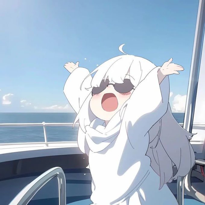 An anime-style character with white hair and sunglasses throws her arms up joyfully on a boat overlooking the ocean, capturing a sense of optimistic anticipation. The image evokes the excitement of being early to a hidden gem, perfectly mirroring the post's message about patient, quiet conviction leading to eventual victory while others chase popular narratives.