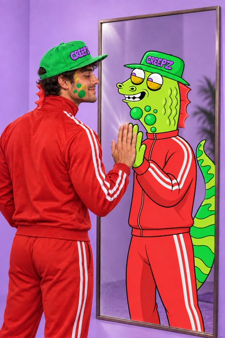 A man in a red tracksuit and green 'CREEPS' cap looks at his reflection in a mirror, which shows his reflection as a green cartoon character wearing the same outfit.