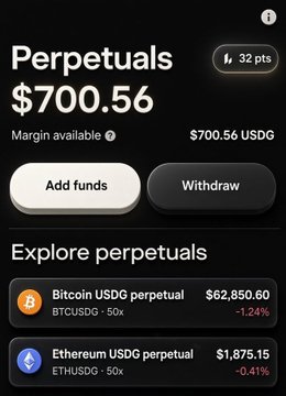 Mobile app screen showing Perpetuals trading with $700.56 balance, including Bitcoin USDG perpetual ($62,850.60, -1.24%) and Ethereum USDG perpetual ($1,875.15, -0.41%).