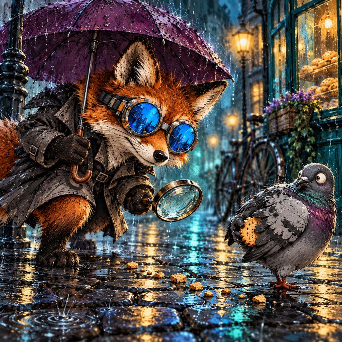 A detailed illustration shows an anthropomorphic fox in a trench coat and goggles holding a purple umbrella and a magnifying glass, examining a pigeon on a wet cobblestone street.