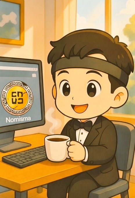 An anime-style illustration shows a young man in a tuxedo and headband smiling while holding a coffee mug at a desk, with a computer monitor displaying a logo with the text 'Nomisma'.