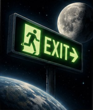 The image features a neon green exit sign with an arrow pointing left, set against a backdrop of a planet and a moon. The caption reads "Wen moon? Wrong question. Wen EXIT? #memecoin #Solana #exit". This message is likely meant as a humorous response to the incorrect question posed in the image's caption.
