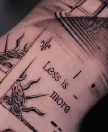 urn of flowers with a sunburst design, accompanied by the text "LESS IS MORE" and "--".