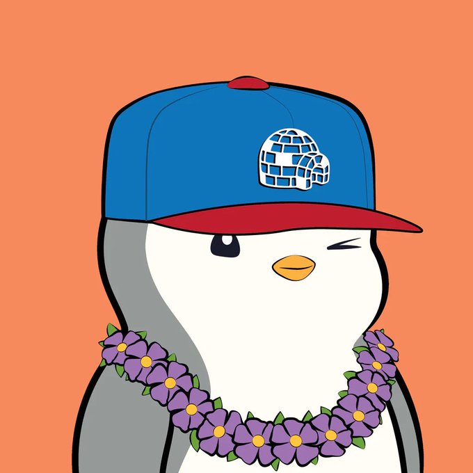 A digital illustration of a cartoon penguin wearing a blue and red baseball cap with a globe-like logo, accessorized with a purple flower lei on an orange background.