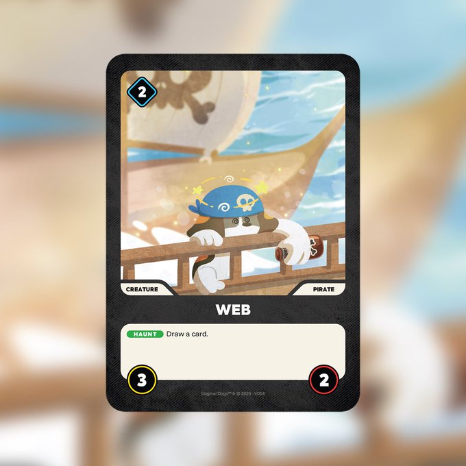 A trading card game card named 'WEB' depicting a pirate-themed crab creature with a cost of 2, type 'CREATURE/PIRATE', ability 'HAUNT: Draw a card', and stats 3/2.