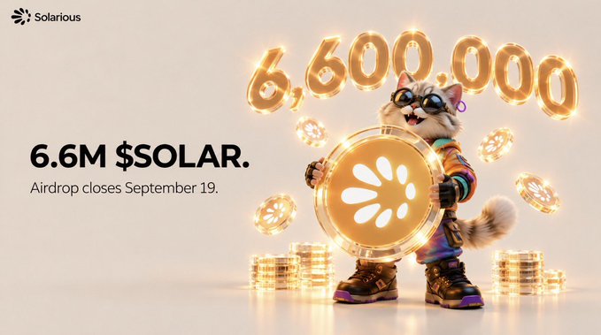 A 3D-rendered cat character in rainbow streetwear holds a large golden coin with the Solarious logo, surrounded by glowing coins and stacks of tokens beneath the glowing number "6,600,000." The text "6.6M $SOLAR. Airdrop closes September 19." appears alongside, promoting the $SOLAR token airdrop campaign tied to the CryptoCat game and Verdex Wallet.