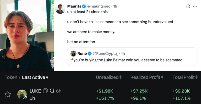 A photo of Luke Belmar appears alongside a tweet from Maurits (@mauritsneo) stating "up at least 2x since this... bet on attention," in reply to Rune warning buyers of the $LUKE coin that they "deserve to be scammed." Below, trading data shows the LUKE token up 151.7% with $9.23K total profit, illustrating the post's point about Maurits' strategic buy-in driving attention and price action on the suspect token.