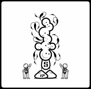 A black and white drawing featuring two small astronaut figures on either side of a large, melting candle-like structure with a dollar sign, surrounded by abstract shapes.