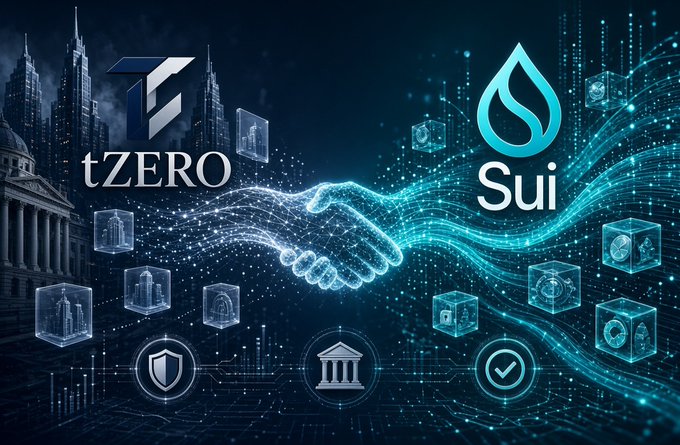 Promotional graphic showing a digital handshake between tZERO and Sui, featuring their logos against a backdrop of blockchain networks and financial icons.