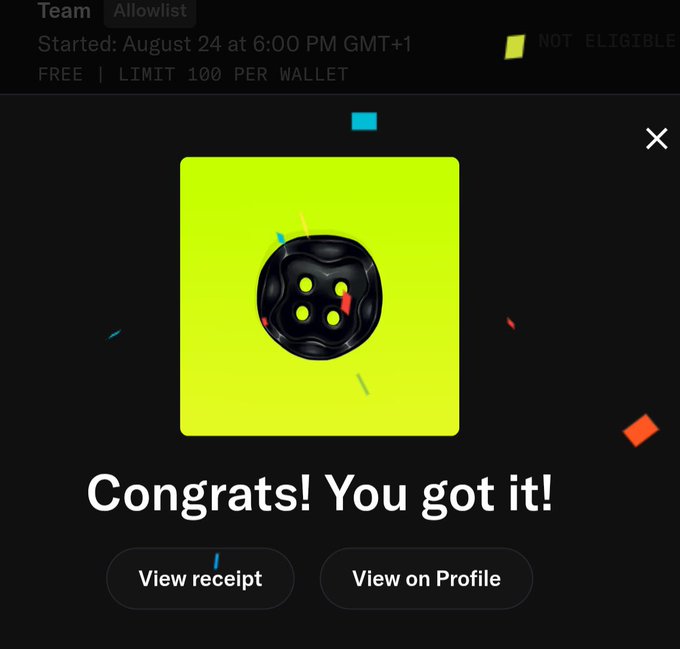 A confirmation screen displaying "Congrats! You got it!" for a free NFT mint from a team allowlist event that started August 24 at 6:00 PM GMT+1 with a 100 per wallet limit, showing a black circular token on a neon yellow background. The post celebrates successfully claiming this "day 2 cook" mint while giving credit to @dollclubnft and @Sunonphyse, indicating this is the user's receipt showing they successfully secured their allowed mint allocation.