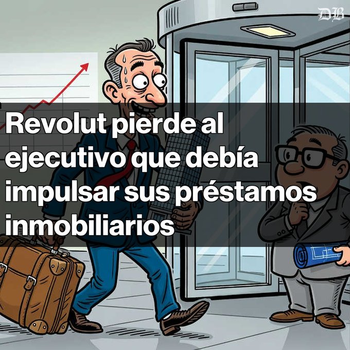 A cartoon illustration showing a nervous man carrying a briefcase and holding a bar chart walking past a revolving door where another man is waiting, with the Spanish text 'Revolut pierde al ejecutivo que debía impulsar sus préstamos inmobiliarios'