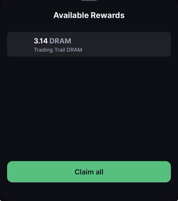 A screenshot showing an "Available Rewards" interface on Backpack exchange displaying 3.14 DRAM from a "Trading Trail DRAM" promotion, with a green "Claim all" button at the bottom—illustrating the claimable DRAM token reward referenced in the post.