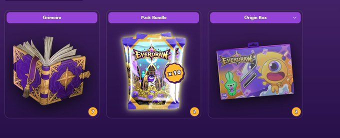 A digital interface displaying in-game items for purchase, including a 'Grimoire', a 'Pack Bundle' containing 'EVERDRAW' cards (x10), and an 'Origin Box'.