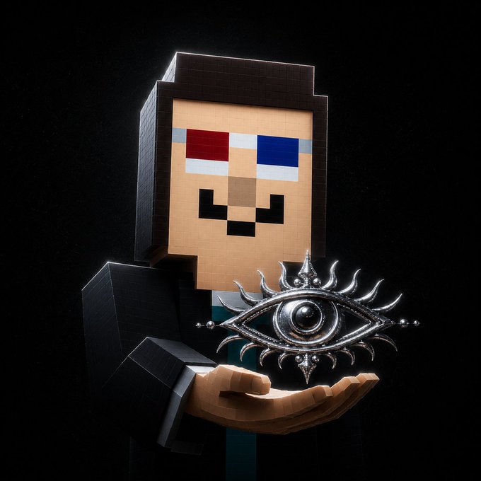 A 3D-rendered blocky character with pixelated red and blue eyes wearing a suit, holding out a large ornate silver eye emblem in its hand against a black background.