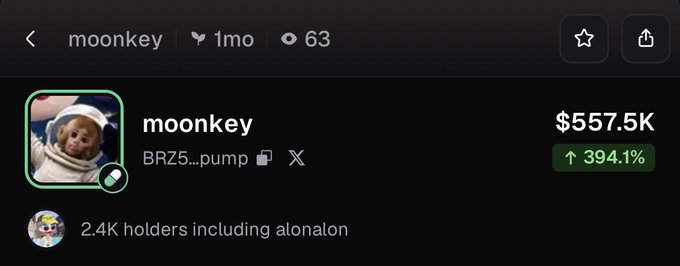 A screenshot of a token called 'moonkey' on Pump.fun showing a market cap of $557.5K with a 394.1% increase, featuring a profile picture of a monkey in an astronaut helmet.
