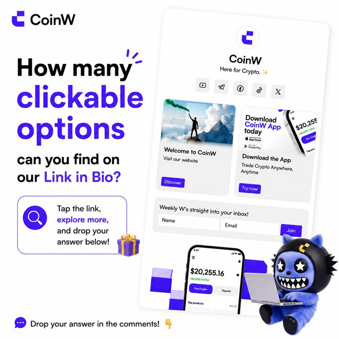 A promotional graphic for CoinW asks "How many clickable options can you find on our Link in Bio?" featuring a preview of their mobile interface and a mascot character.