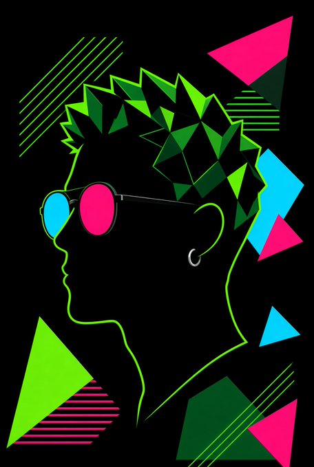 A vibrant, neon-style digital illustration shows the profile of a person wearing round, mismatched pink and blue sunglasses, set against a black background with geometric shapes and a green, geometric hairstyle.