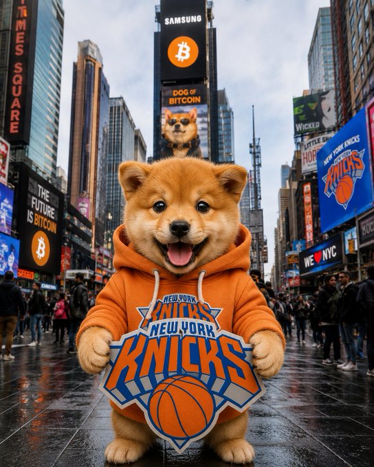 The image features a small dog wearing an orange hoodie, standing on a city street with a basketball sign attached to its back. The background of the photo shows tall buildings, indicating that this scene takes place in New York City. The caption of the image reads "Who let the $DOGs out! Leeeeeeeets go Knicks!". This suggests that there is an advertisement for the New York Knicks team featuring a dog as part of their promotional campaign.