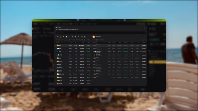A cryptocurrency market tracker interface is displayed showing a list of coins with BTC highlighting 93,759.00, overlaid on a blurred beach scene.