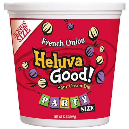 A container of 'Heluva Good! French Onion Sour Cream Dip' labeled 'Bonus Size' and 'Party Size', weighing 32 OZ (907g).