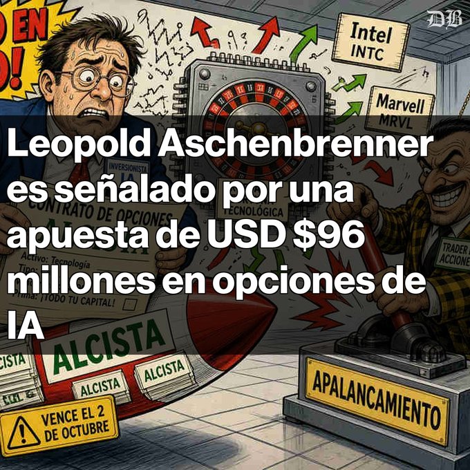 A Spanish-language cartoon illustration shows a panicked man and a smug trader beside a roulette wheel and stock tickers, with text reading: 'Leopold Aschenbrenner es señalado por una apuesta de USD $96 millones en opciones de IA'.