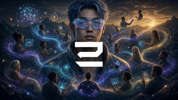 A stylized digital illustration centers on a young man wearing futuristic glasses, surrounded by people, glowing symbols, and flowing light trails, with a large white logo over his chest.