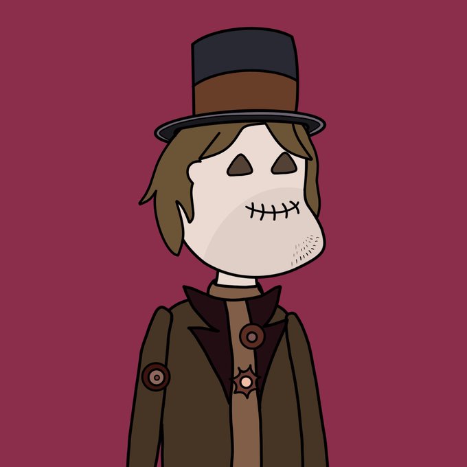 A cartoon character with a stitched, skull-like face, brown hair, and a black top hat wears a dark steampunk-style coat adorned with circular buttons and a sun emblem against a deep maroon background. The eerie, undead figure fits the speculative NFT minting hype of the post, symbolizing the gamble of chasing quick profits.