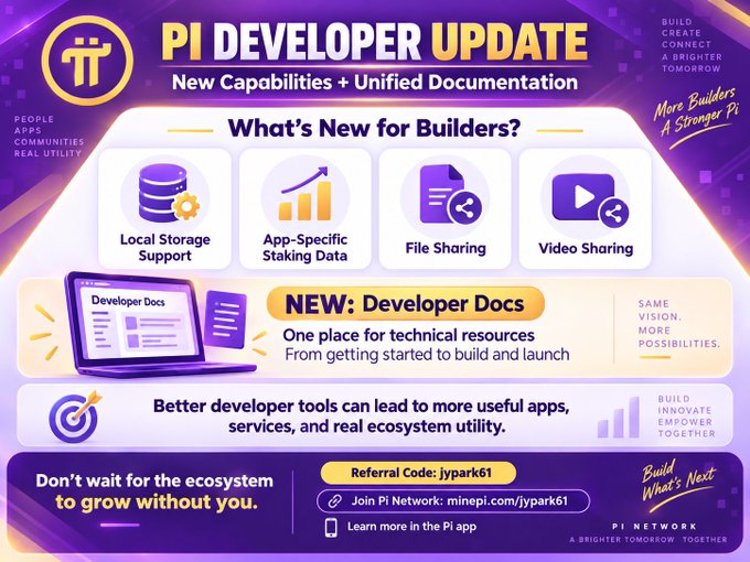 A promotional graphic for the "Pi Developer Update" highlighting new capabilities like Local Storage Support, App-Specific Staking Data, File Sharing, and Video Sharing, with referral code "jypark61" and link "minepi.com/jypark61".