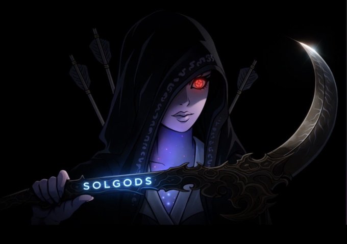The image features a woman with red eyes wearing a hooded cloak holding a sword that has the word "SOLGODS" written on it, which suggests she might be a character from a video game or fantasy series. The background is dark, emphasizing the silhouette of the woman and her weapon. The post also includes text that reads "Good night to those who GN", possibly indicating an event or celebration related to the character or the game they are playing.