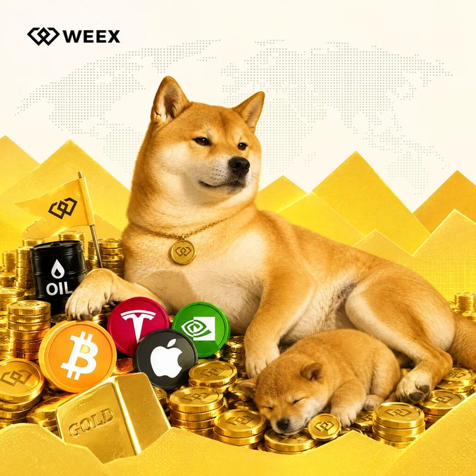 Two Shiba Inu dogs rest atop piles of gold coins and bars, surrounded by tokens labeled "OIL," Bitcoin, Tesla, Apple, and Nvidia, with a small "B" flag, against a yellow mountain backdrop featuring the "WEEEX" logo—visually tying the DOG meme coin theme to a treasury of diverse crypto and commodity assets.