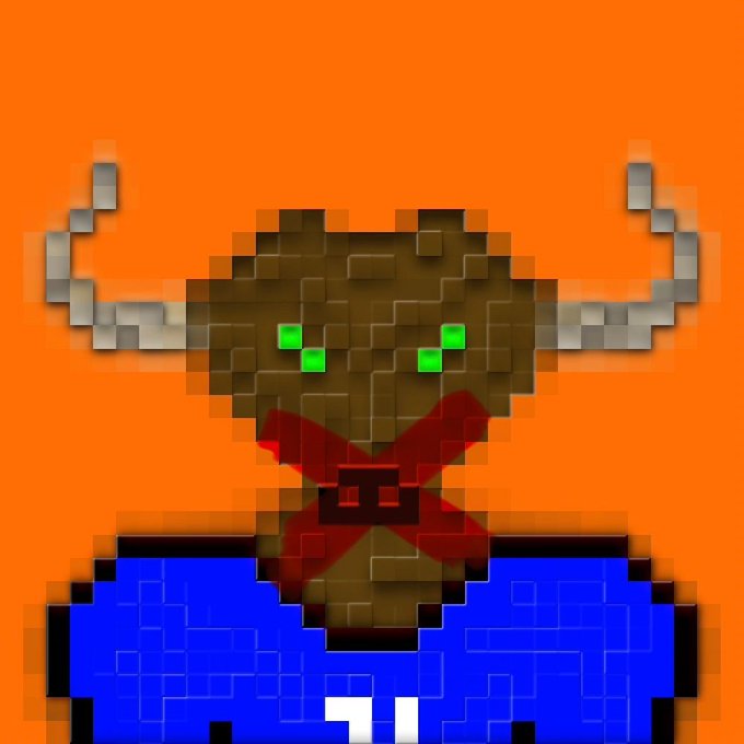 A pixel art illustration of a brown minotaur-like creature with glowing green eyes, gray horns, and a red nose ring, wearing a blue shirt against an orange background.