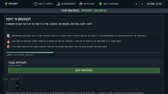 A screenshot of a cryptocurrency mining interface showing a balance of $FRIDAY 1,198,605.93, with a 'MINT A BROKER' section describing a one-broker, one-desk licensing system and an earning rate of 7,682 $FRIDAY.