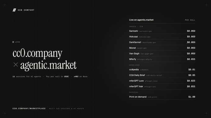 A minimalist website design for 'cc0.company × agentic.market' lists AI services and pay-per-call pricing for various models, including GPT and Claude.