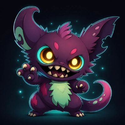 A chibi-style purple dragon-like creature with large yellow eyes, sharp teeth, pink horns, and bat-like wings stands against a starry dark background.