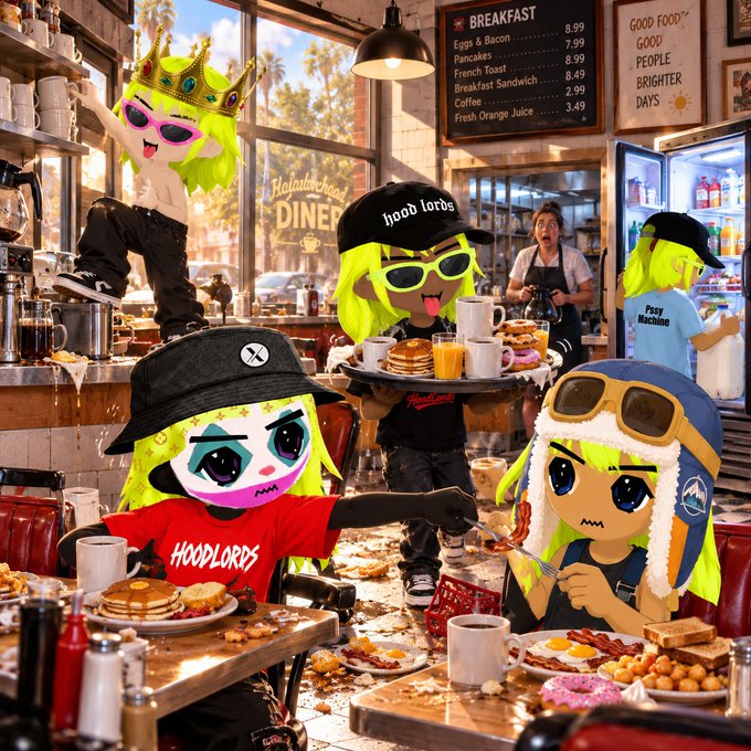 A chaotic diner scene with cartoonish neon-yellow haired characters wearing bucket hats and sunglasses, featuring 'Hoodlords' branding, a menu board, and a waitress looking shocked.